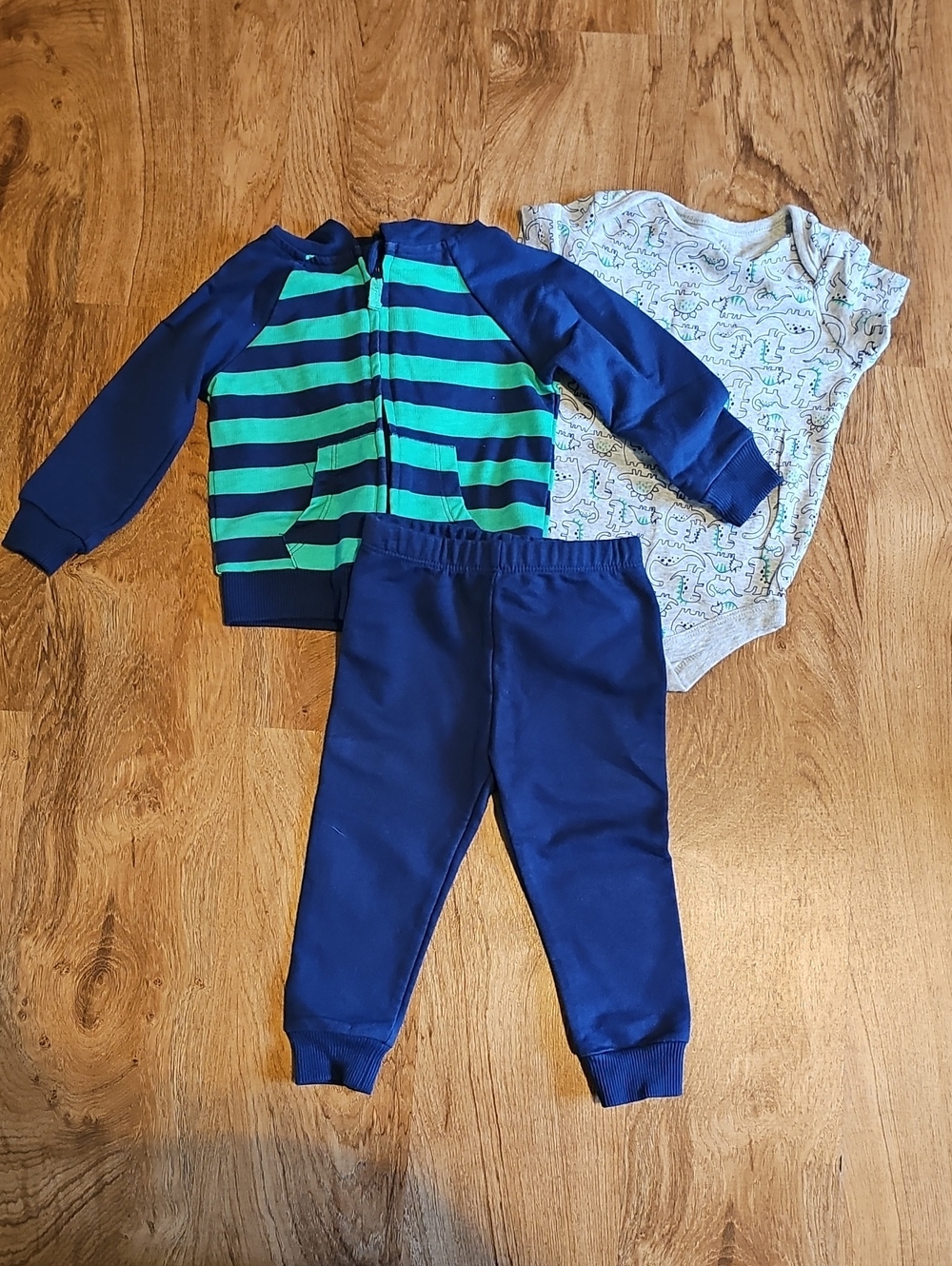Navy & Green Striped Toddler Jogger Set with Dino Bodysuit 12 M